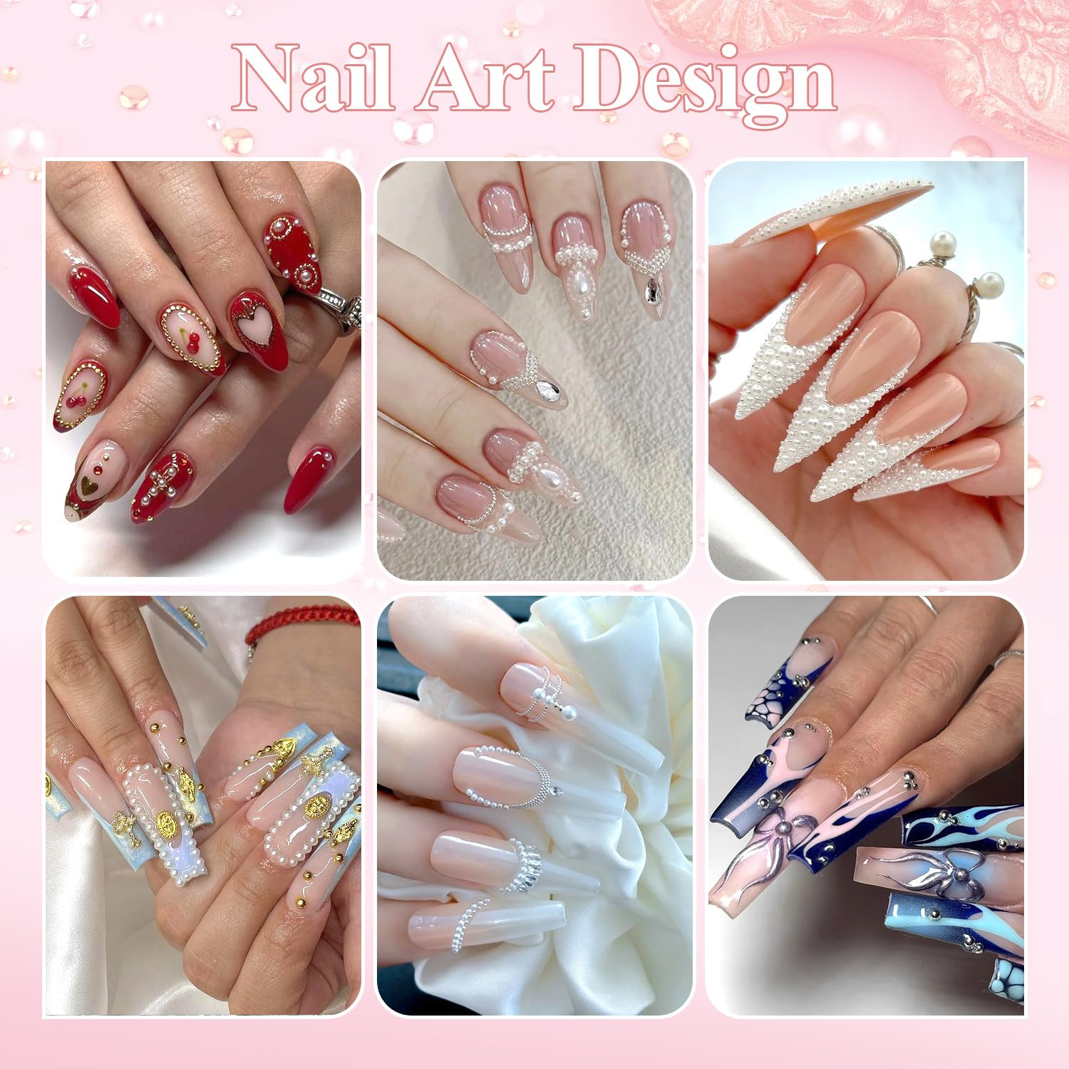 7500PCS Nail Charms Kit Gold Silver Rhinestones Pearls Nail Art Set Tools