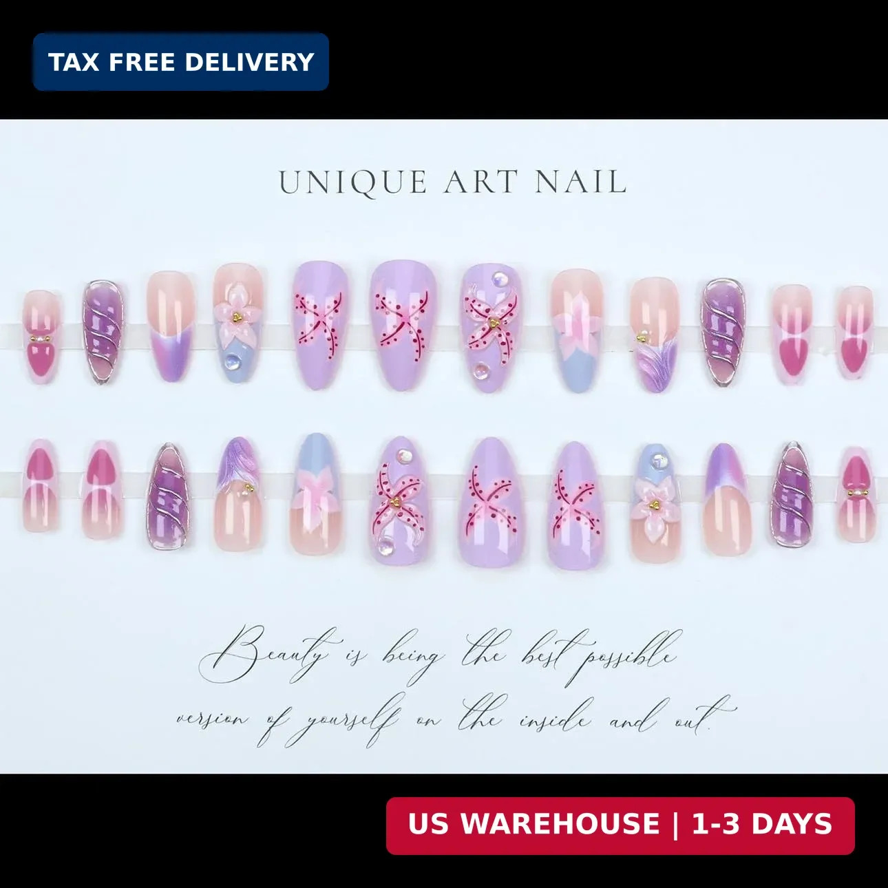 LPOODDNU Purple Pink Press on Nails Almond – Medium 3D Embossed Flower Fake Nail