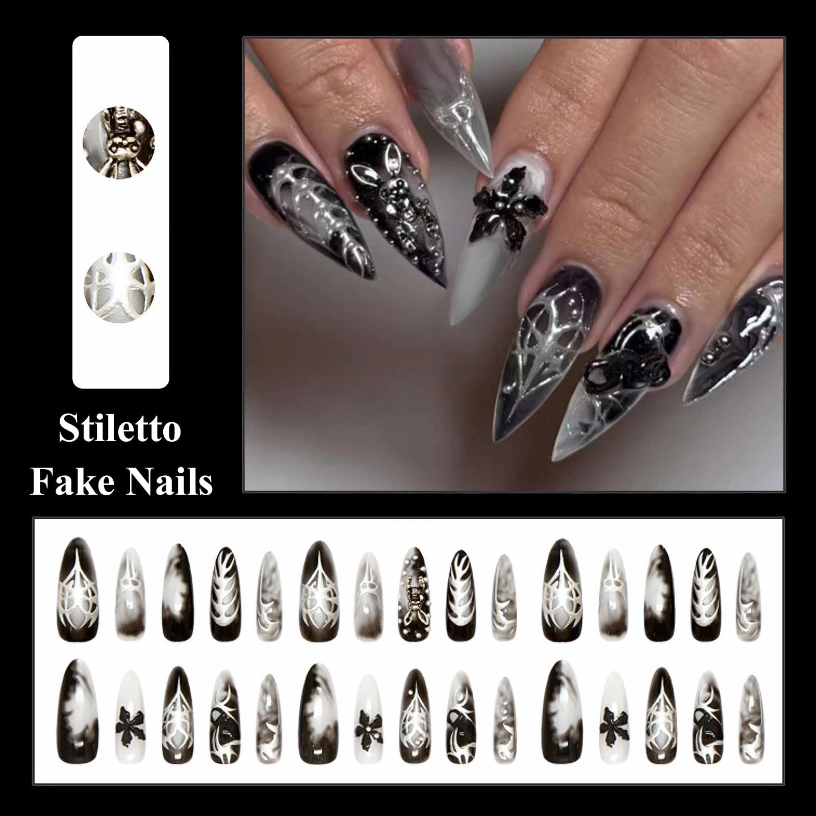 MISUD Press on Nails – Long Stiletto Fake 0.04 Fl Oz (Pack of 24), 10603Black