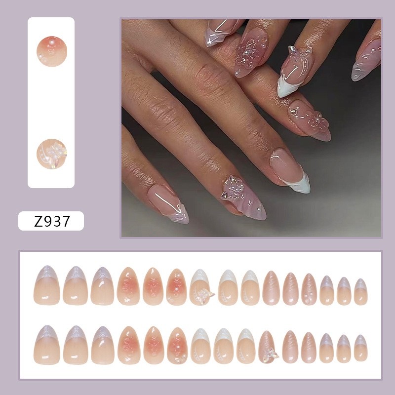 24PCS Butterfly Press On Nails French Tip Reusable False Nails Full Cover Almond