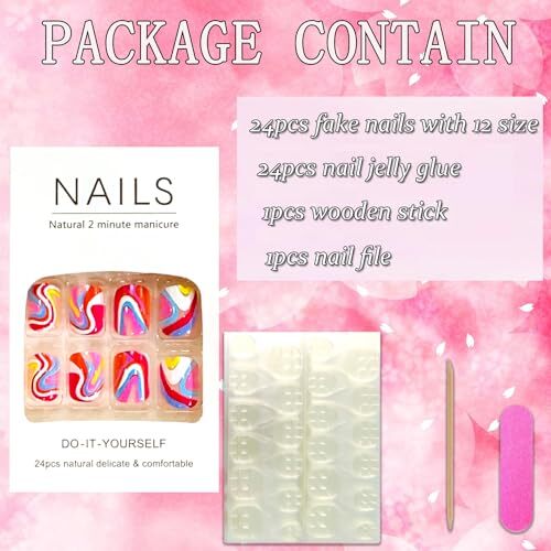 Press on Nails Square Short 24Pcs Press on Nails with Colorful Wavy Line