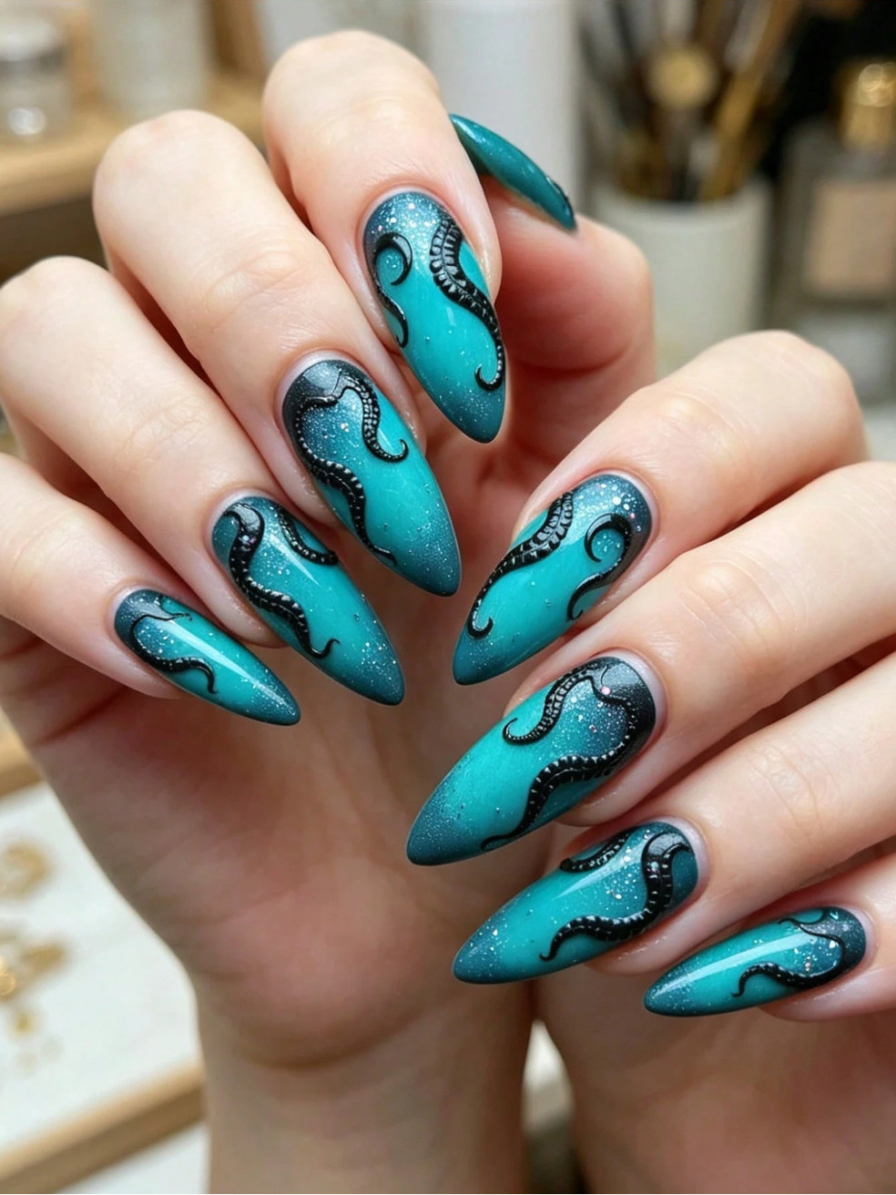 Blue Teal & Black Octopus Press On Nails NEW Goth fashion Halloween Summerween