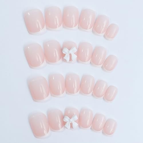 24Pcs Color Press On Nails – Short Square, White French Tip, Full Nude Pink