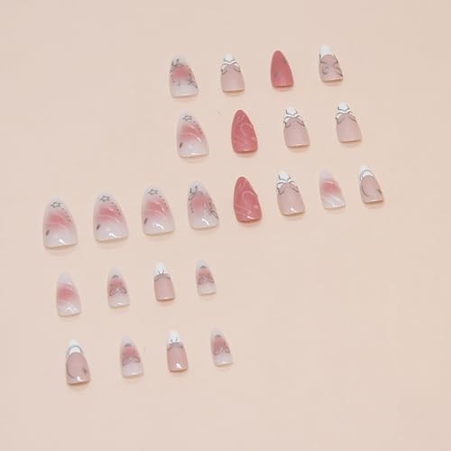 24Pcs Pink Press on Nails Medium Almond Fake Nails 3D Silver Bow Fake Nails-6
