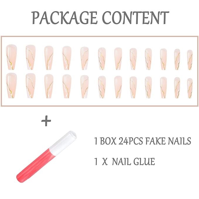 24 Nude Marble Press on nails kit glue extra long gold white