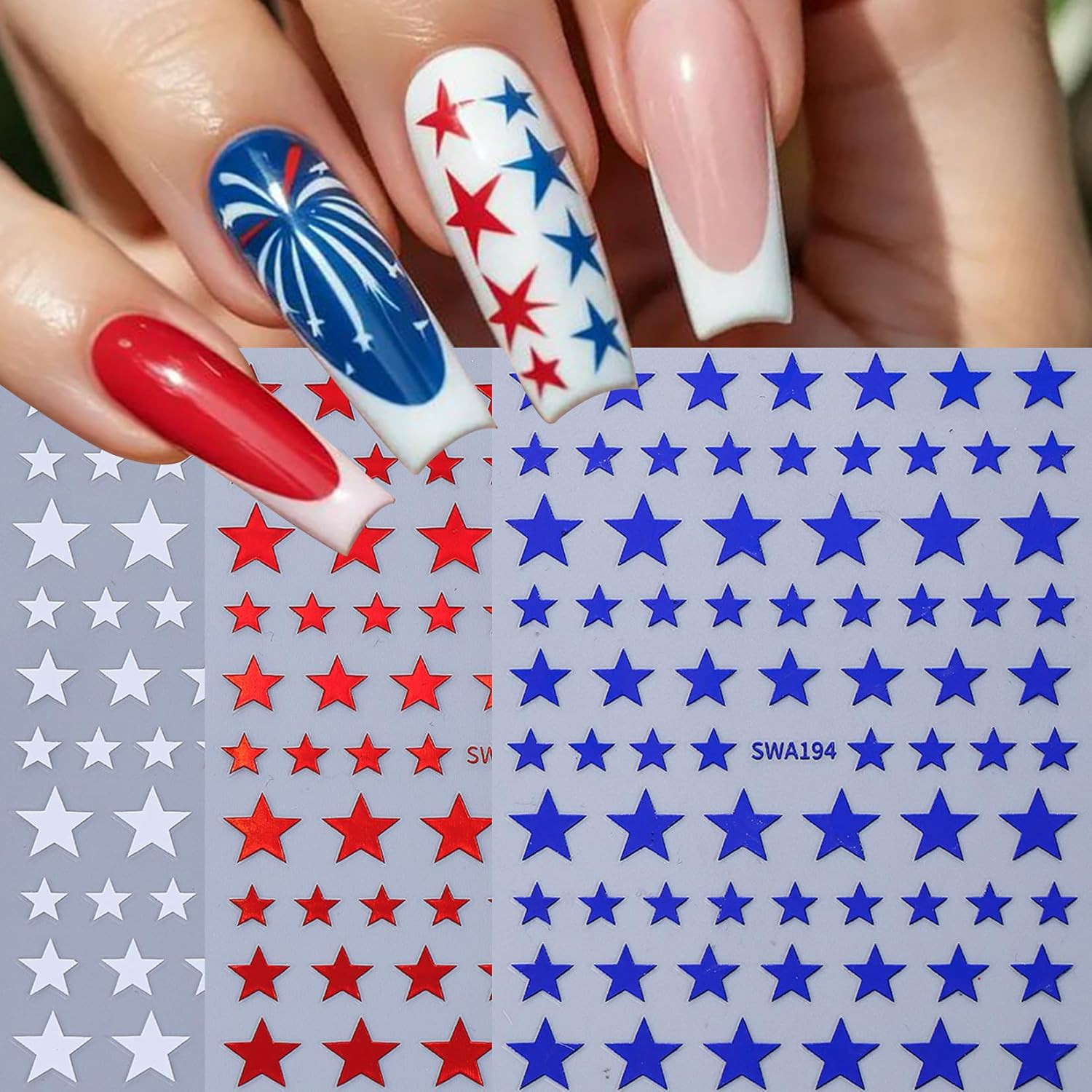 Independence Day Star Nail Art Stickers 12PCS Red White Blue Self Adhesive Nail