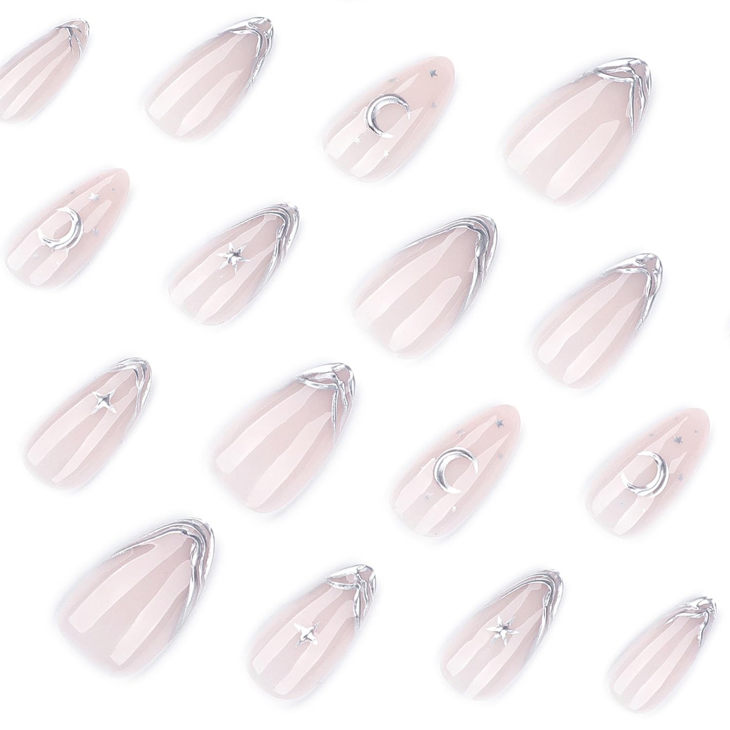 24pcs Almond Press On Nails Medium Almond Silver French Tip Fake Nails with 3…