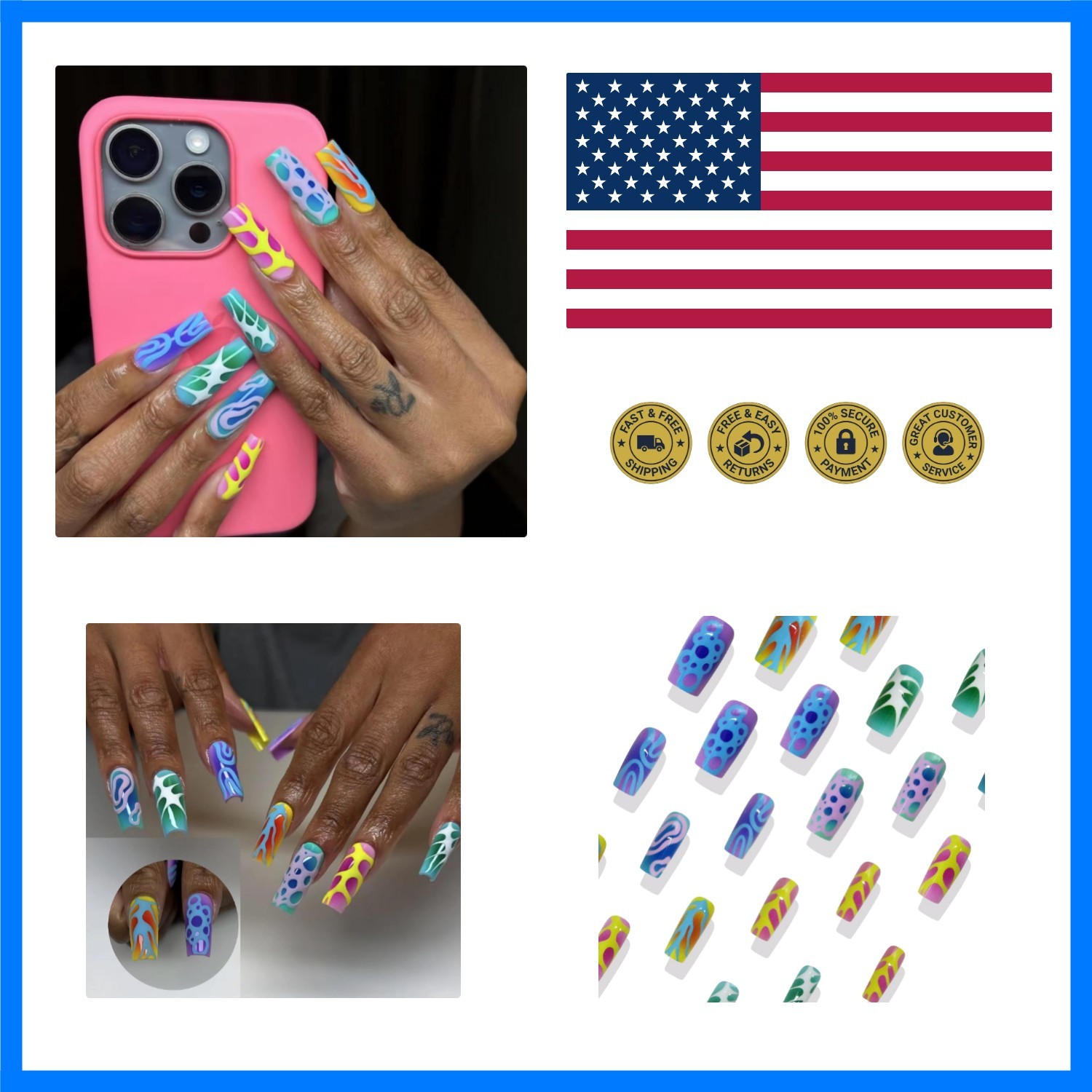 Press on Nails Long Square Fake Nails Blue Purple Ombre Glue on Nails Y2k Col…