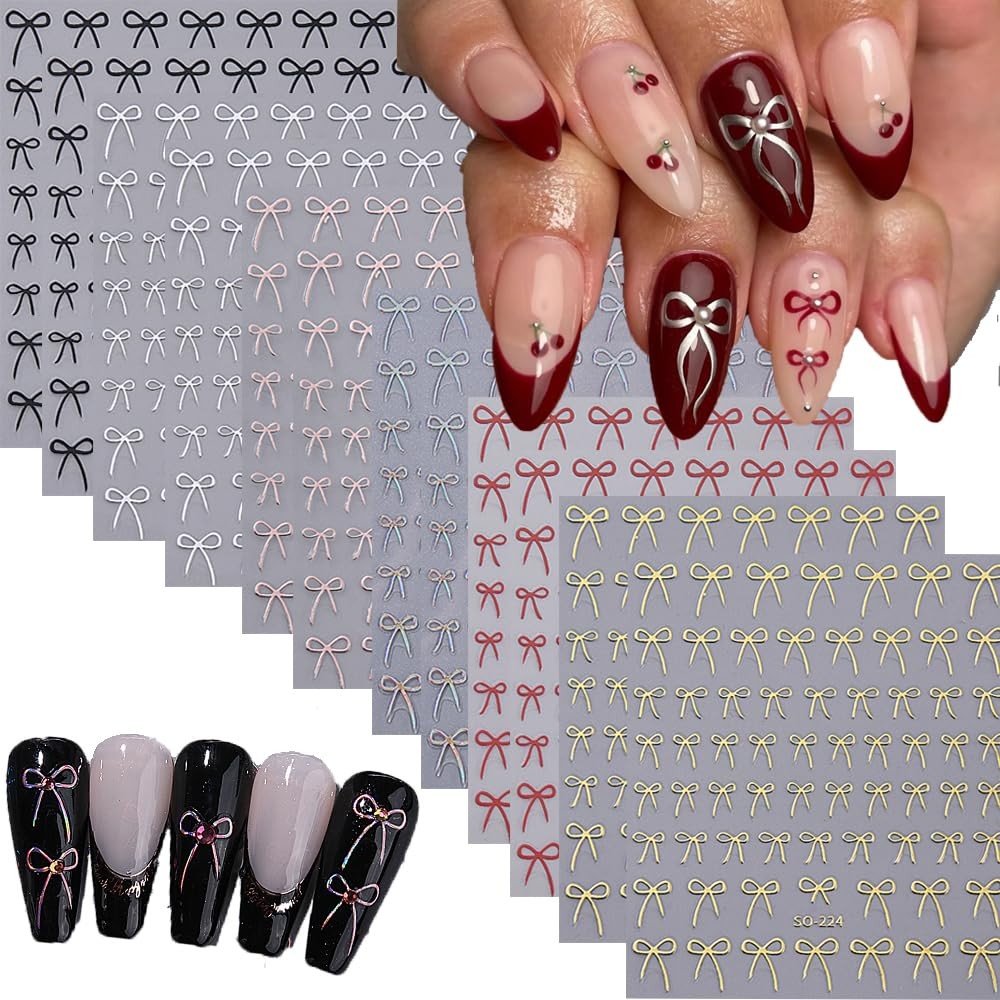 12 Sheets Bow Nail Stickers Bows Nail Decals 3D Self Adhesive Silver Gold Bow