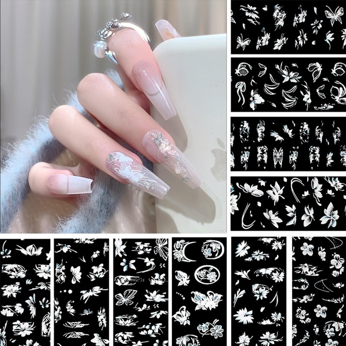 10Roll/Box White Flowers Nail Foil Transfer Stickers for Nail Art Design 3D Holo