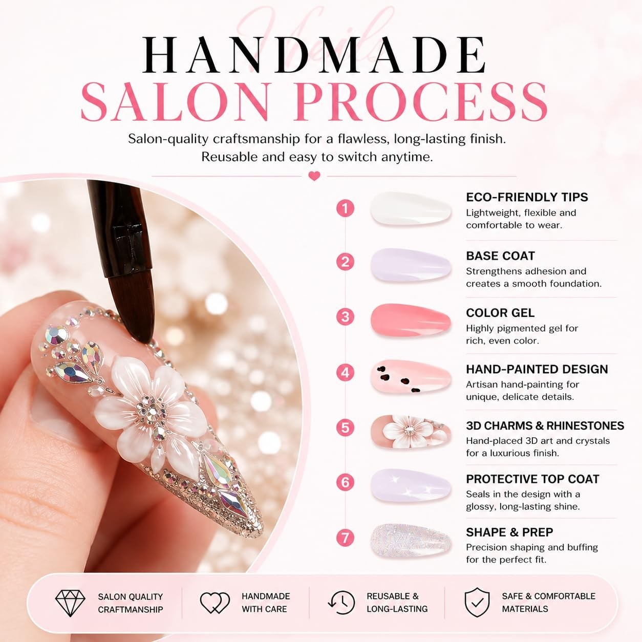 Luxury Long Square Press-On Nails – Gold Bow & 3D Flower Design, 10 Pack M