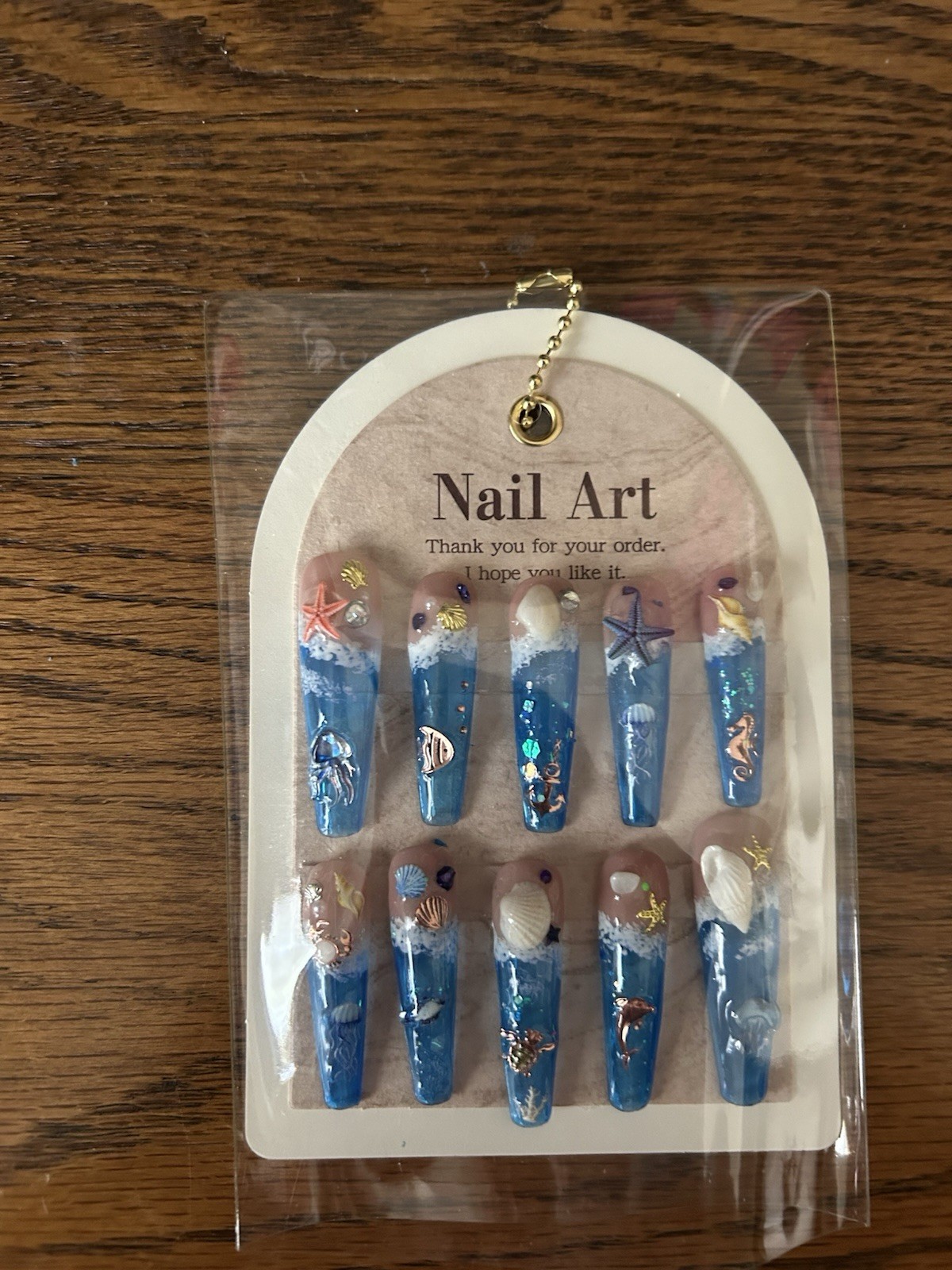 Z NAILZ! Handmade XL Coffin 3D Shiny Beach Themed Press In Nails