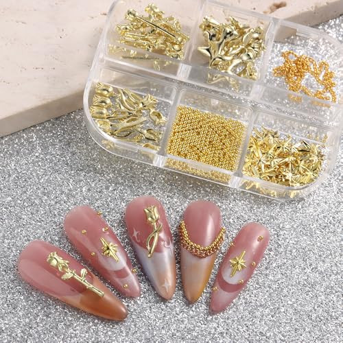 3D Metal Rose Nail Art Charms – Mixed Styles Gold Roses Flowers Alloy Nails