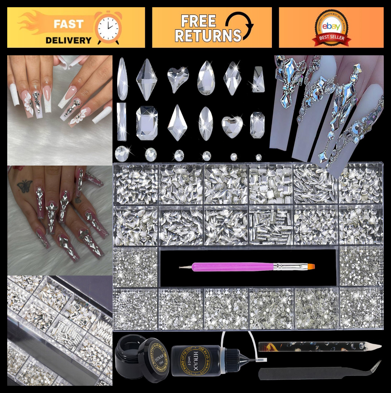 4550pcs Nail Rhinestones – Crystal Flatback Gems, Multiple Shapes, Art Kit & Glu