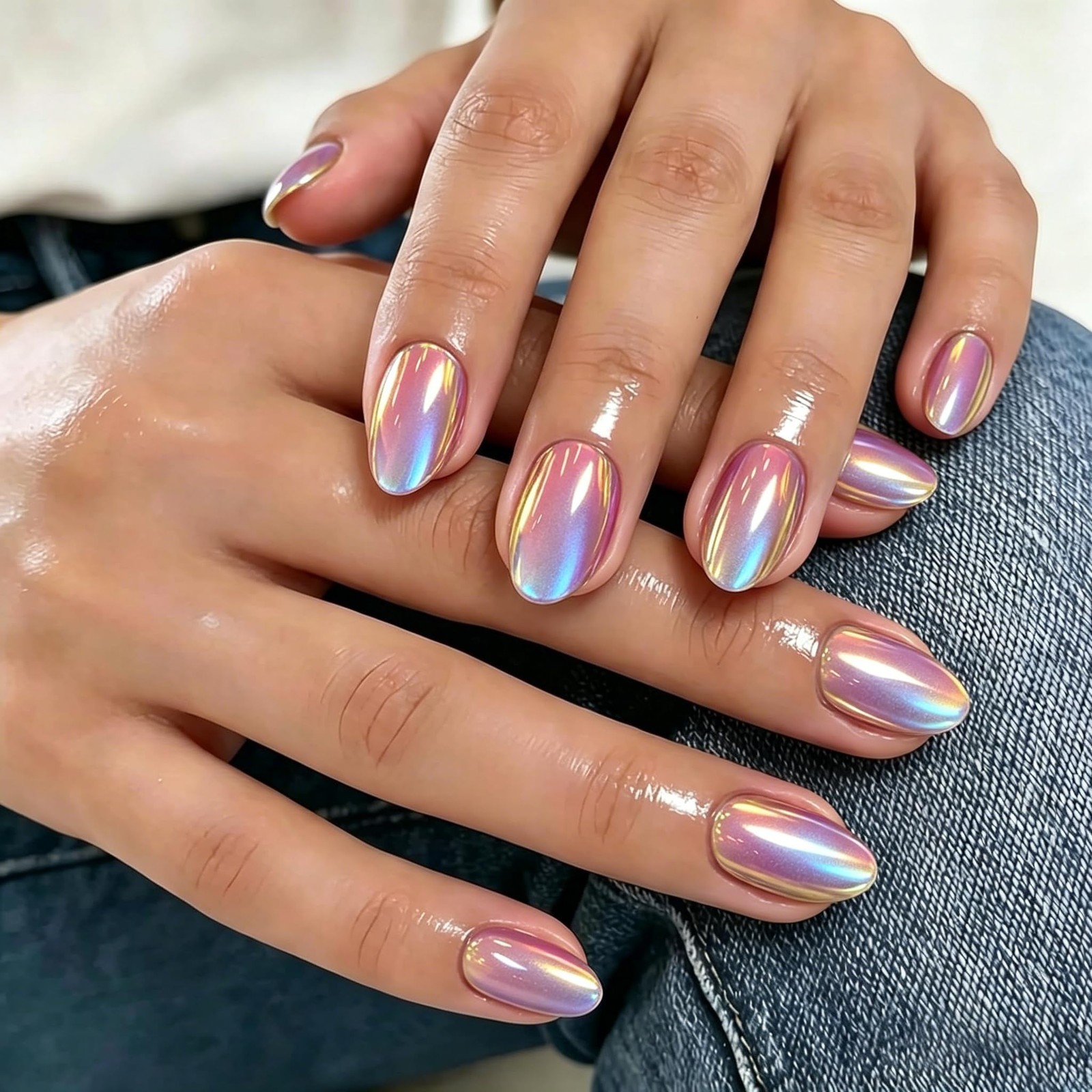 KQueenest Chrome Press On Nails Short Oval, 32 Pcs Glazed Hot Pink Fake Nails…