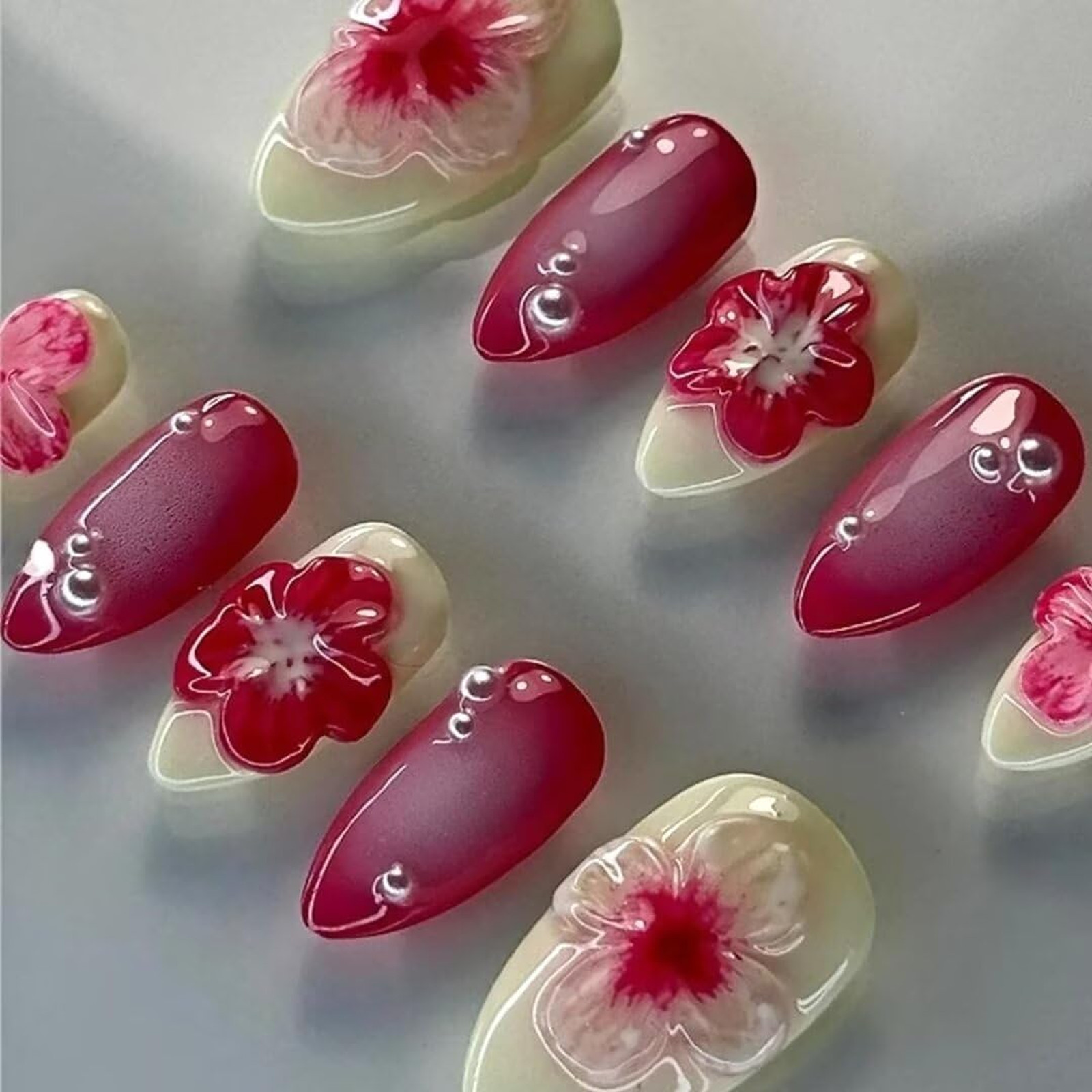 Handmade Press On Nails 10PCS Almond Fake Nails Short 3D Acrylic Cherry Heart