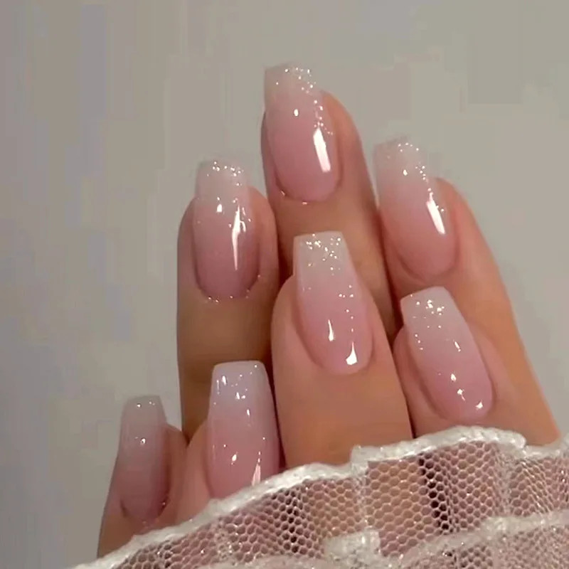 24Pcs Short Oval Pink Gradient Press On Nails Glossy Full Cover False Nail Set
