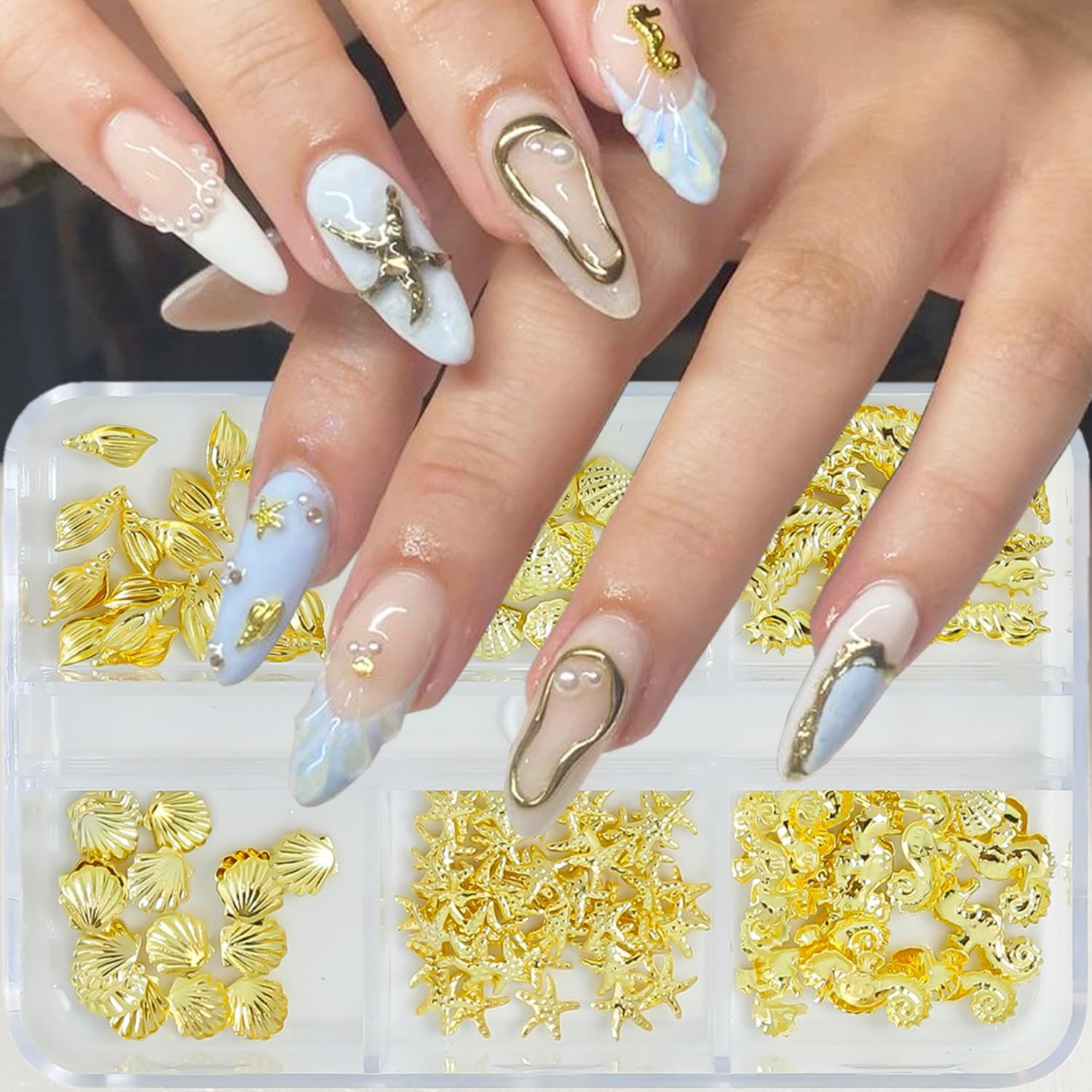 6 Grids Beach Nail Charms Gold Conch Shell Nail Rhinestones 3D Conch Seahorse…