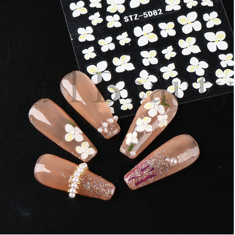 5D Embossed Tulip Camellia Flowers Leaf Nail Stickers Water Sliders Manicure DIY