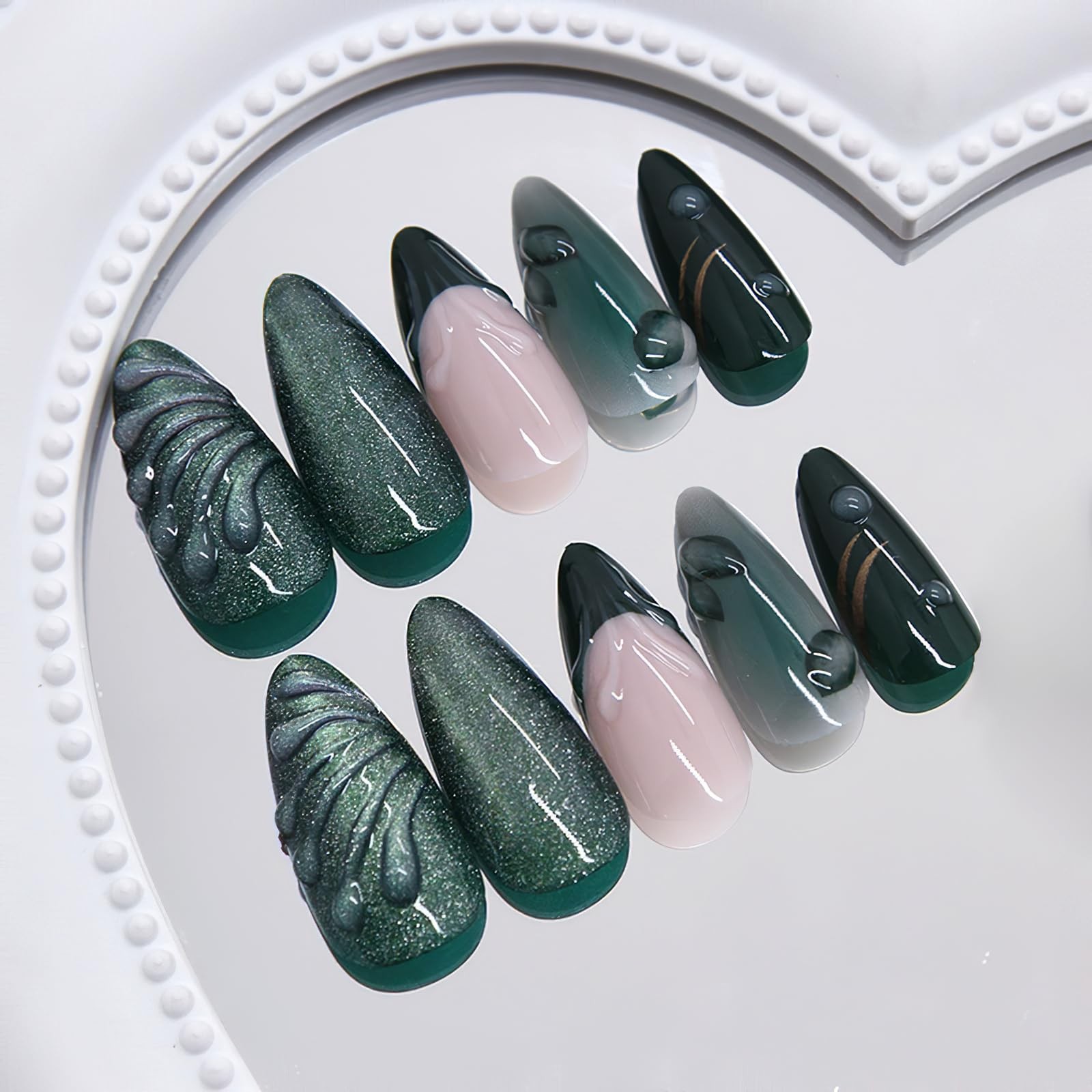 Jremg Green Press on Nails Medium Almond Fake Almond, Multicolor