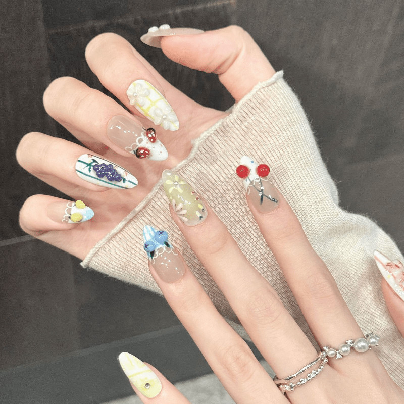 Fruit Print Handmade Press on Nails Strawberry Cherry Grape Sweet Fake Nails