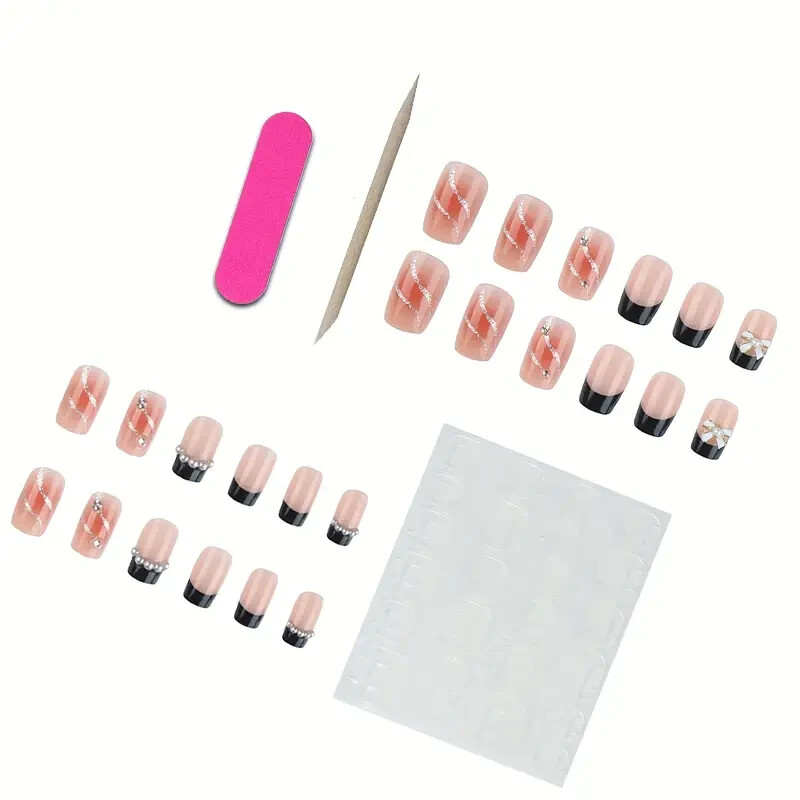 New – 3D Rhinestones Nails Full Cover Stick 24 pcs. ( Short Pink Black Tip) US