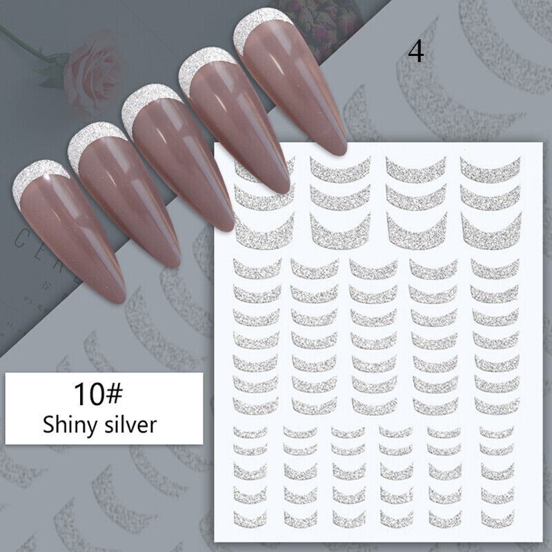 Decoration Manicure 3D Glitter Silver French Tips Nail Stickers Waterproof NS13