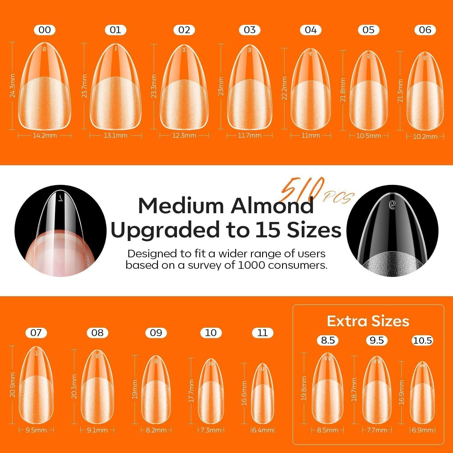 Modelones X Nail Gel Kit Almond, Upgrade 15Sizes Fake Nails, 9-In-One Glue Dehyd