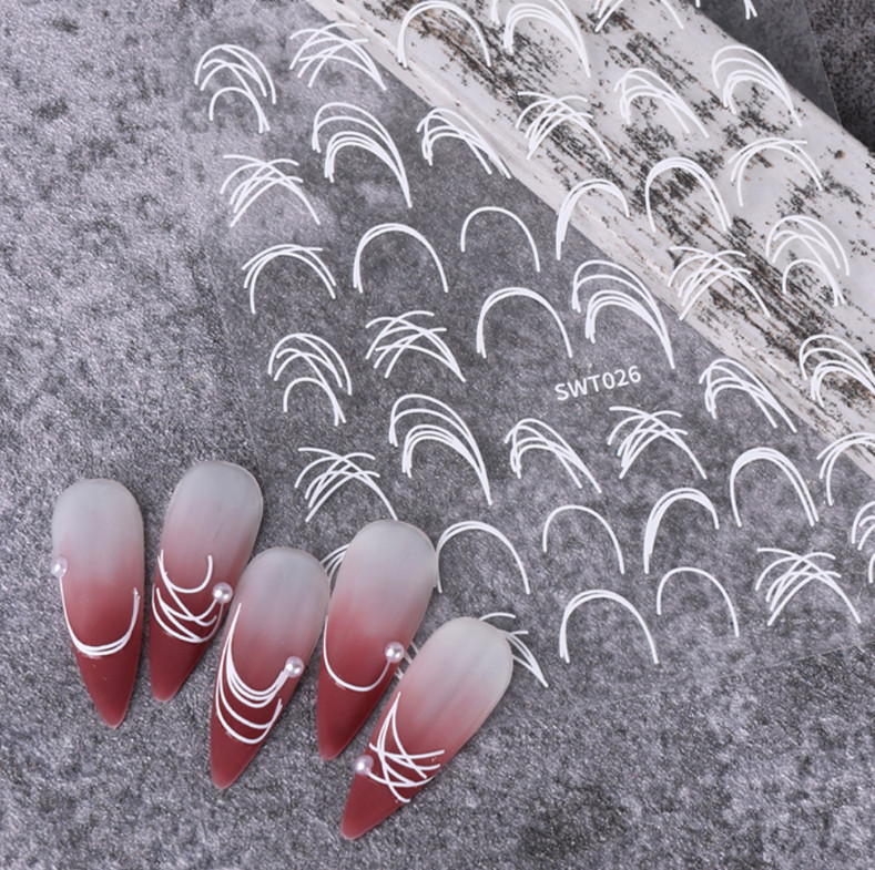 2Pcs Decoration 3D Silver White French Stripe Curve Line Tips Nail Stickers NH27