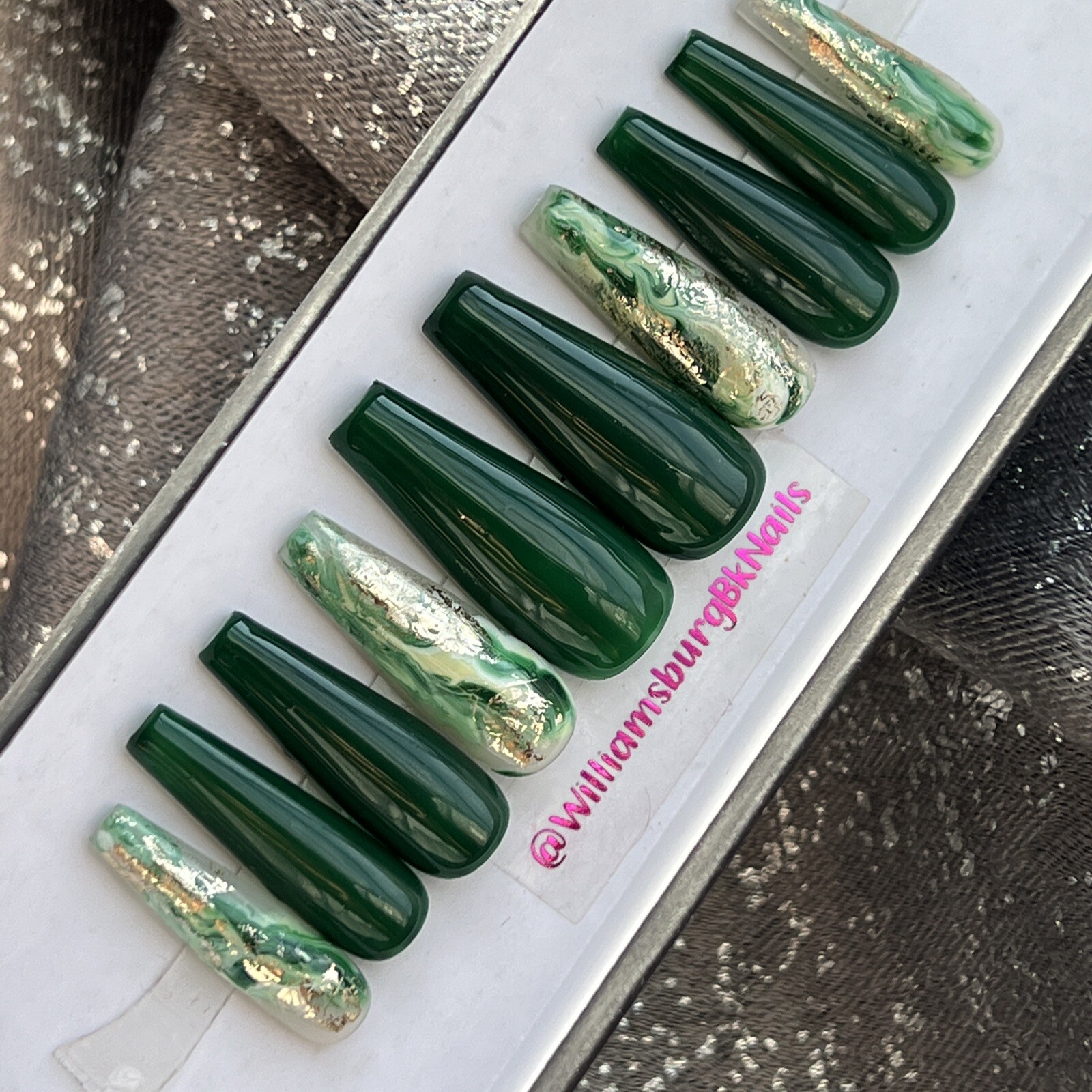 ✨ORIGINAL LUXURY Gel Press On Nails, Green Gold Flakes Coffin, 10p W/ kit MED