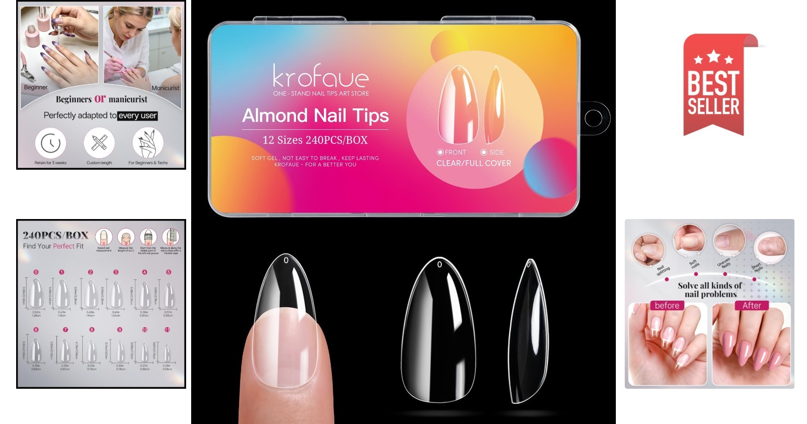 Clear Almond Nail Tips 240 Pcs – Glossy Finish with No Crease for Perfect Fit