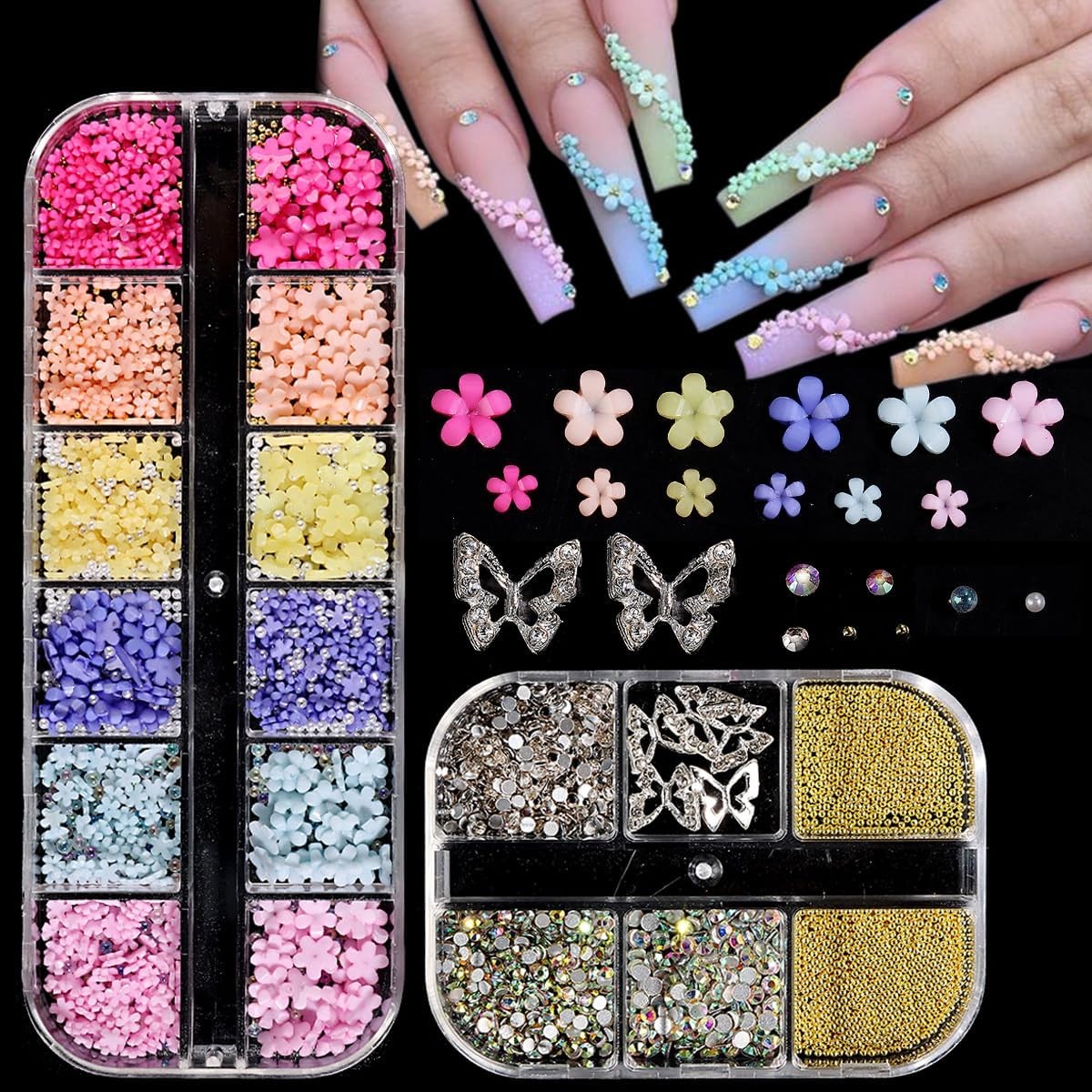 3D Flower Nail Charms Kit: Pink Acrylic, Gold Beads, AB Gems for Crafts