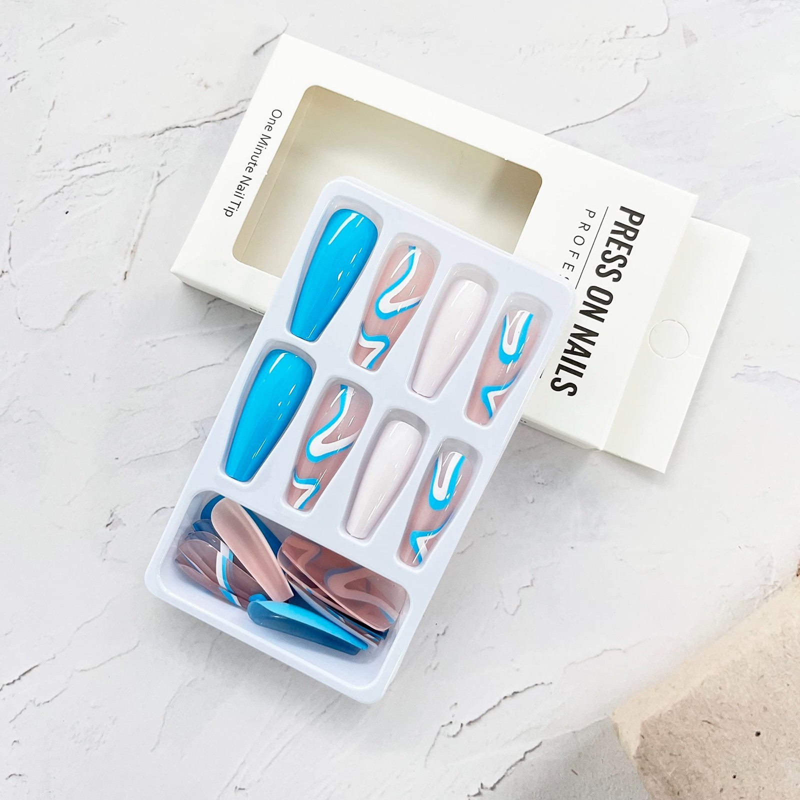 Y2K Blue Swirl White Contrast Long Coffin Press On Nails