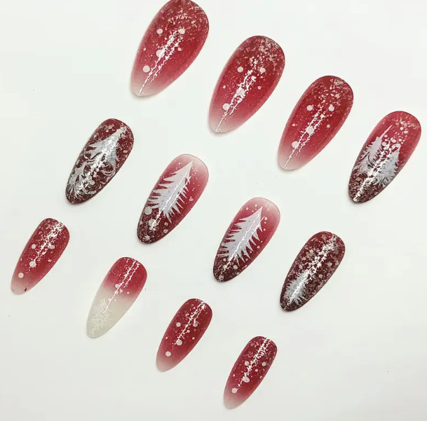 Christmas 24 Pcs Press-On Nails Long Almond Abstract Xmas Tree & Silver Glitter