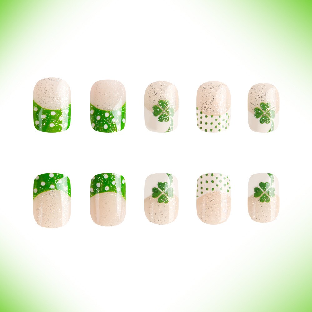 24pcs Green Clover French Press-On Nails. Detachable, Fresh & Festive for Women