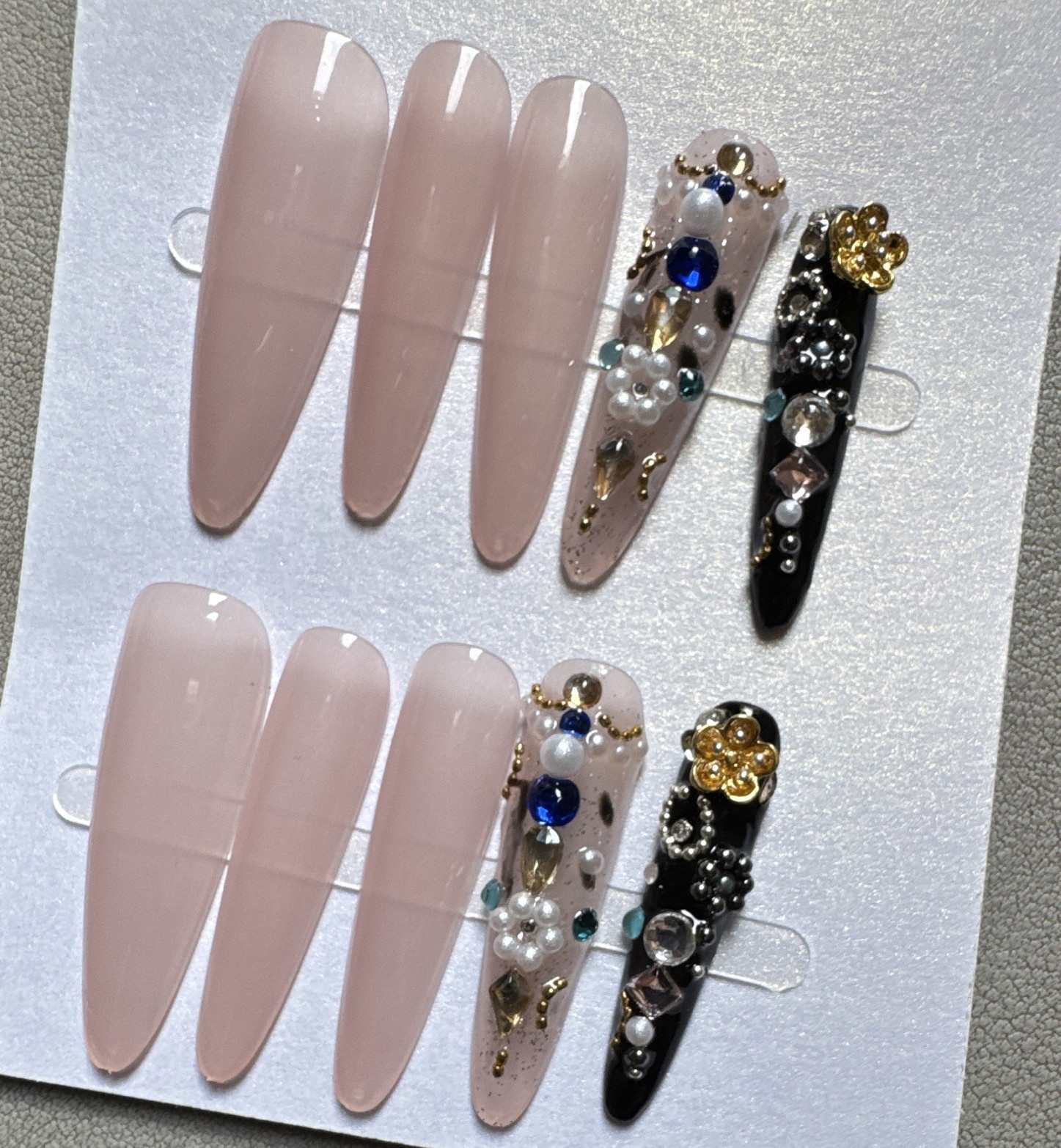 Press-On Nails Long Coffin Pink/Black/Gold Gems Theme 3D Shiny Full Cover