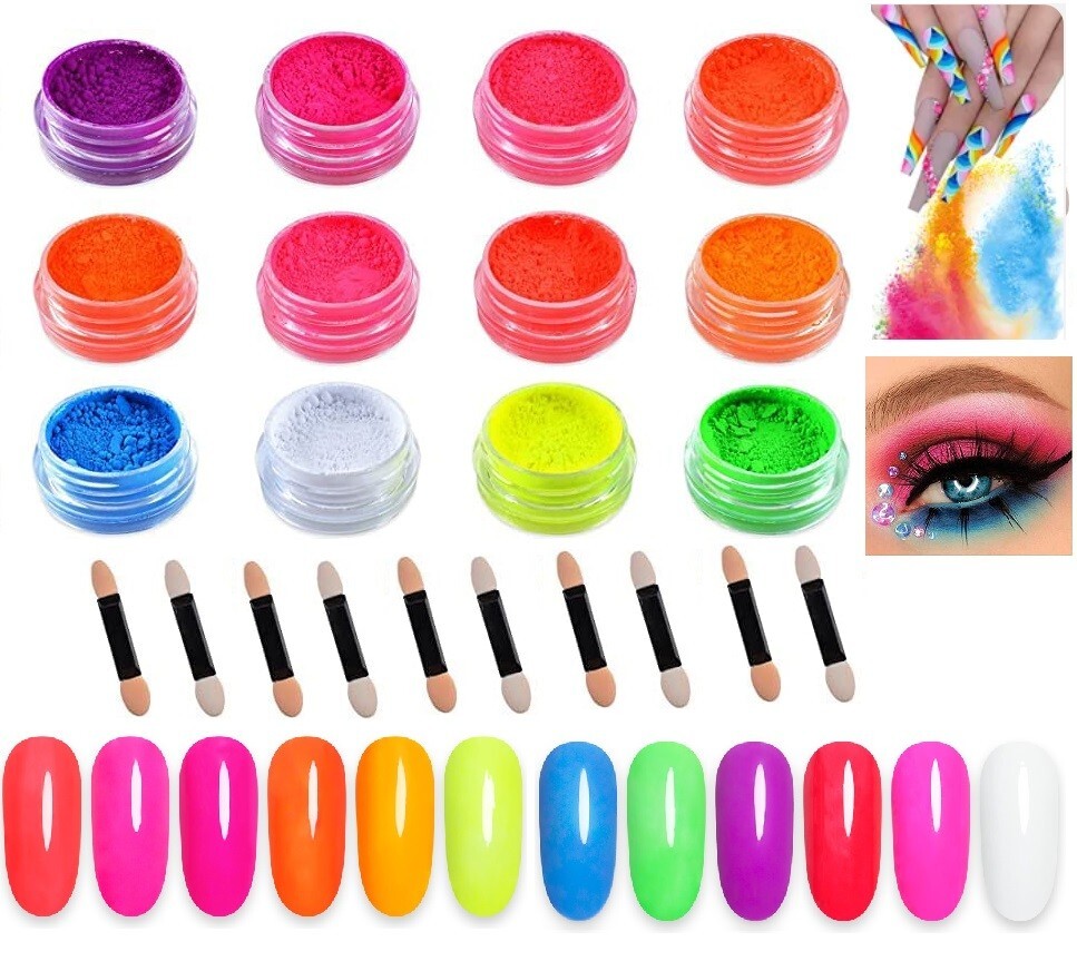 12 Colour Set Neon Pigment Nail Art Powder Dust Ombre Smoky Florescent Face Body