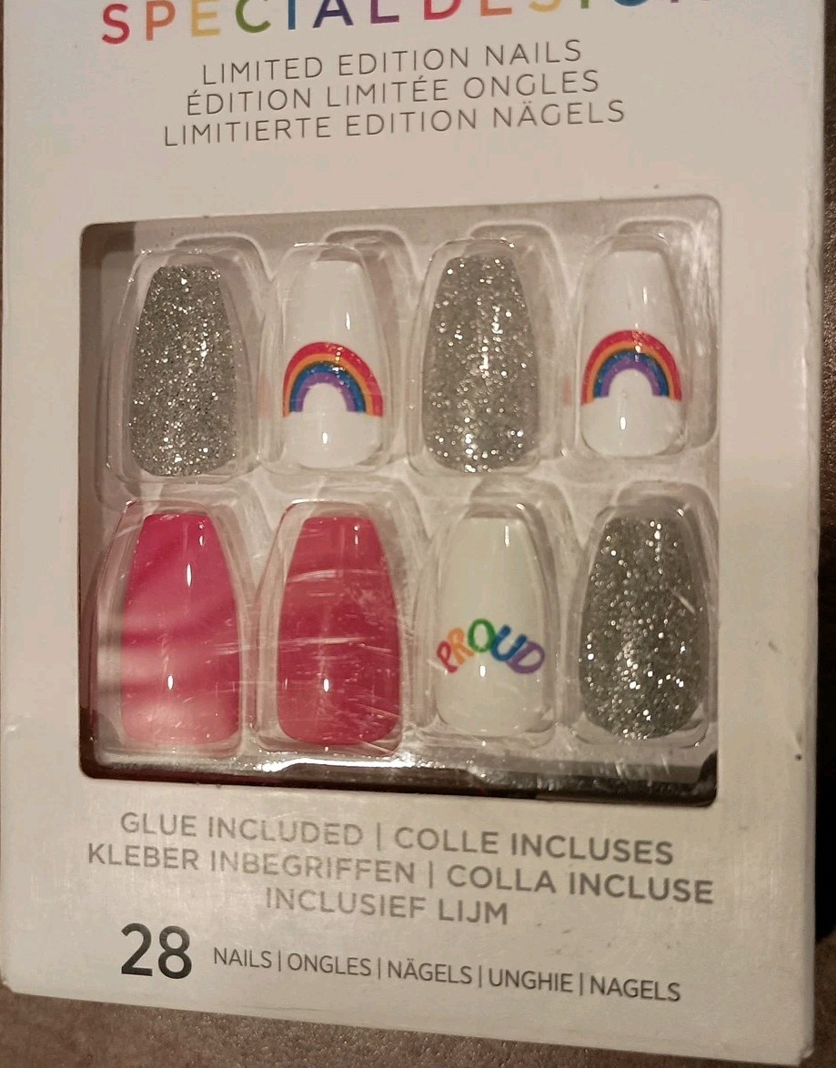 Kiss Nails Special Design Press Glue Manicure Medium Coffin White Rainbow Pride