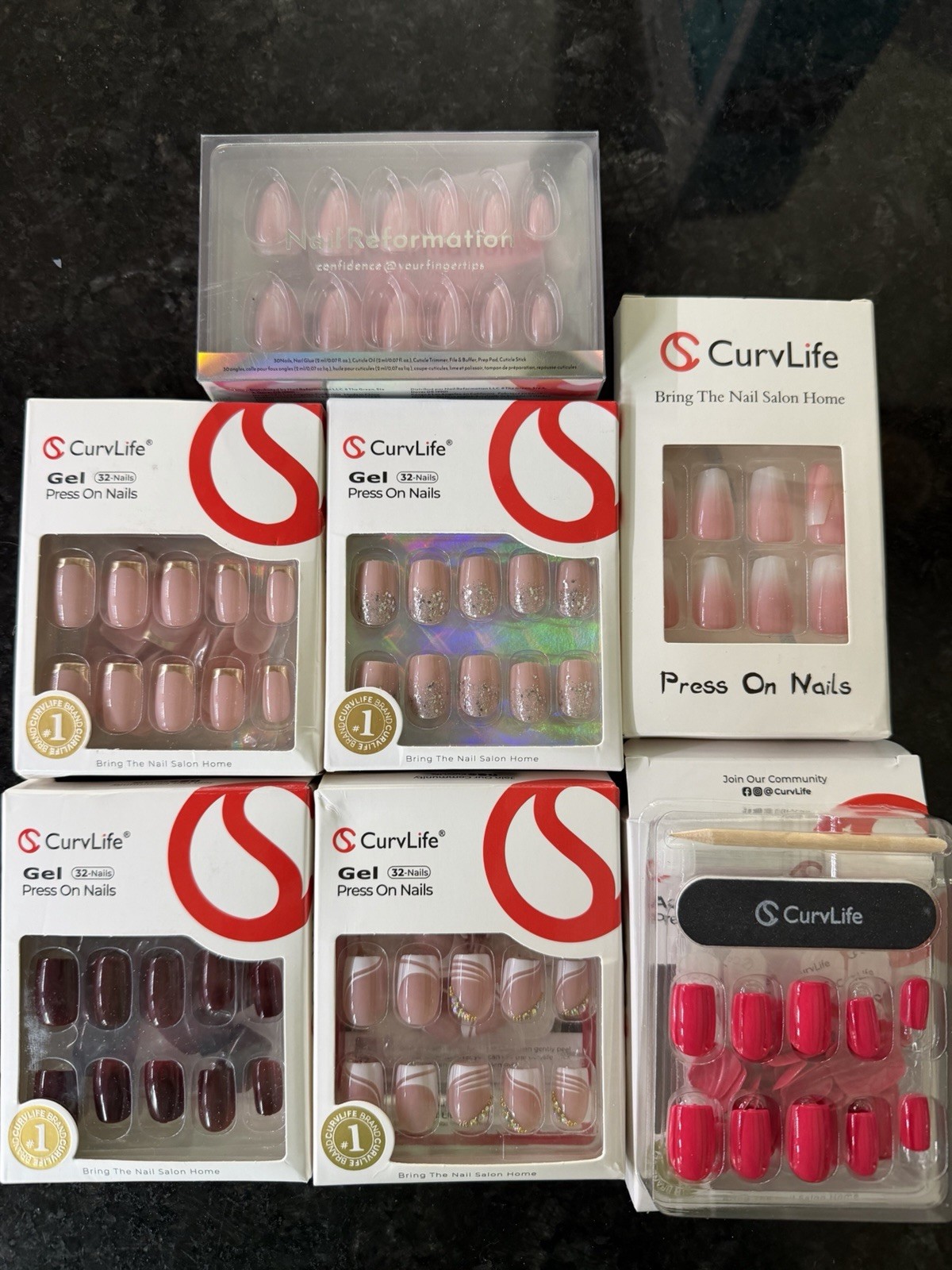 CurvLife Gel Press-On Nails 32pc Medium Square French Glitter Multicolor