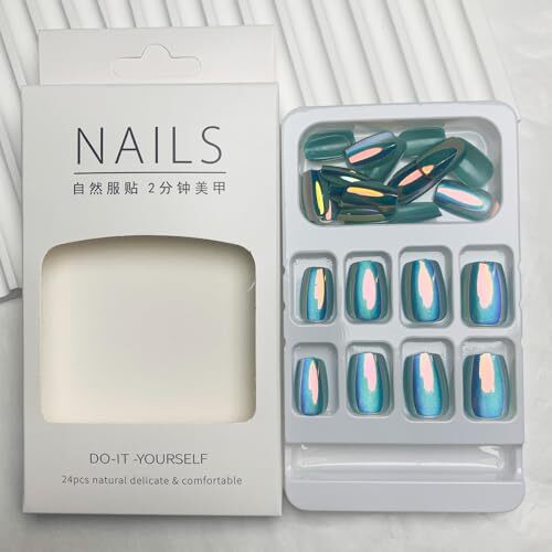 Blue Chrome Press on Nails Short Square Fake Nails 1 Fl Oz (Pack of 24) Style1