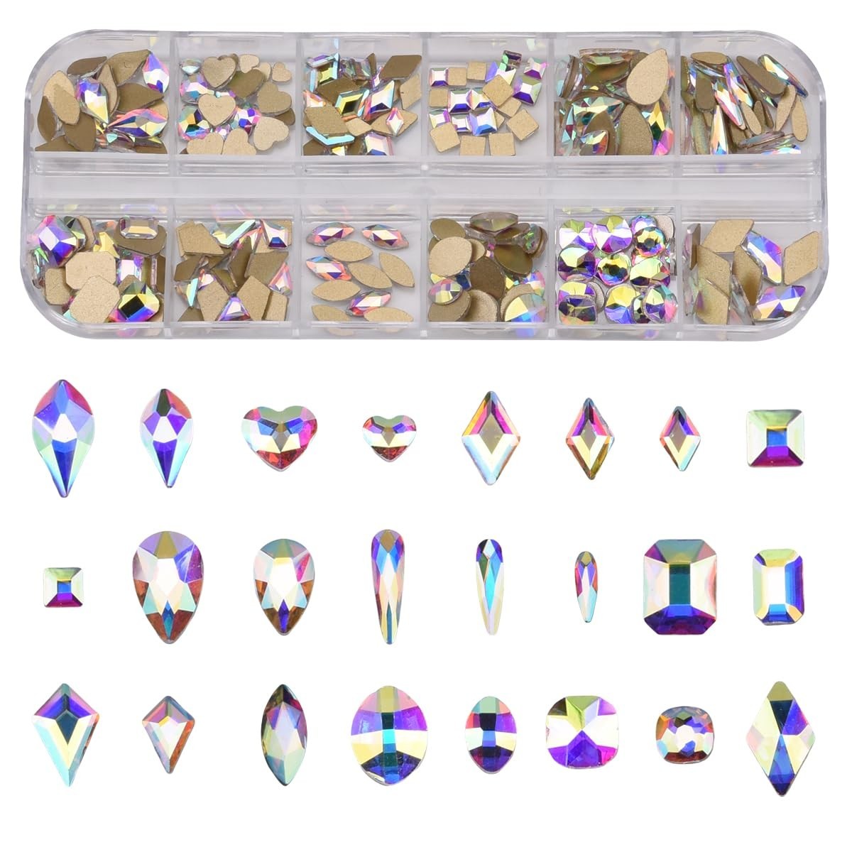 240pcs Flatback Crystals Mix – 12 Styles, Multi Sizes, Glass AB Rhinestones for