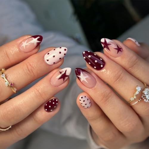 Short Almond Press on Nails – Polka Dot Fake Nails Press ons with Star Style-23