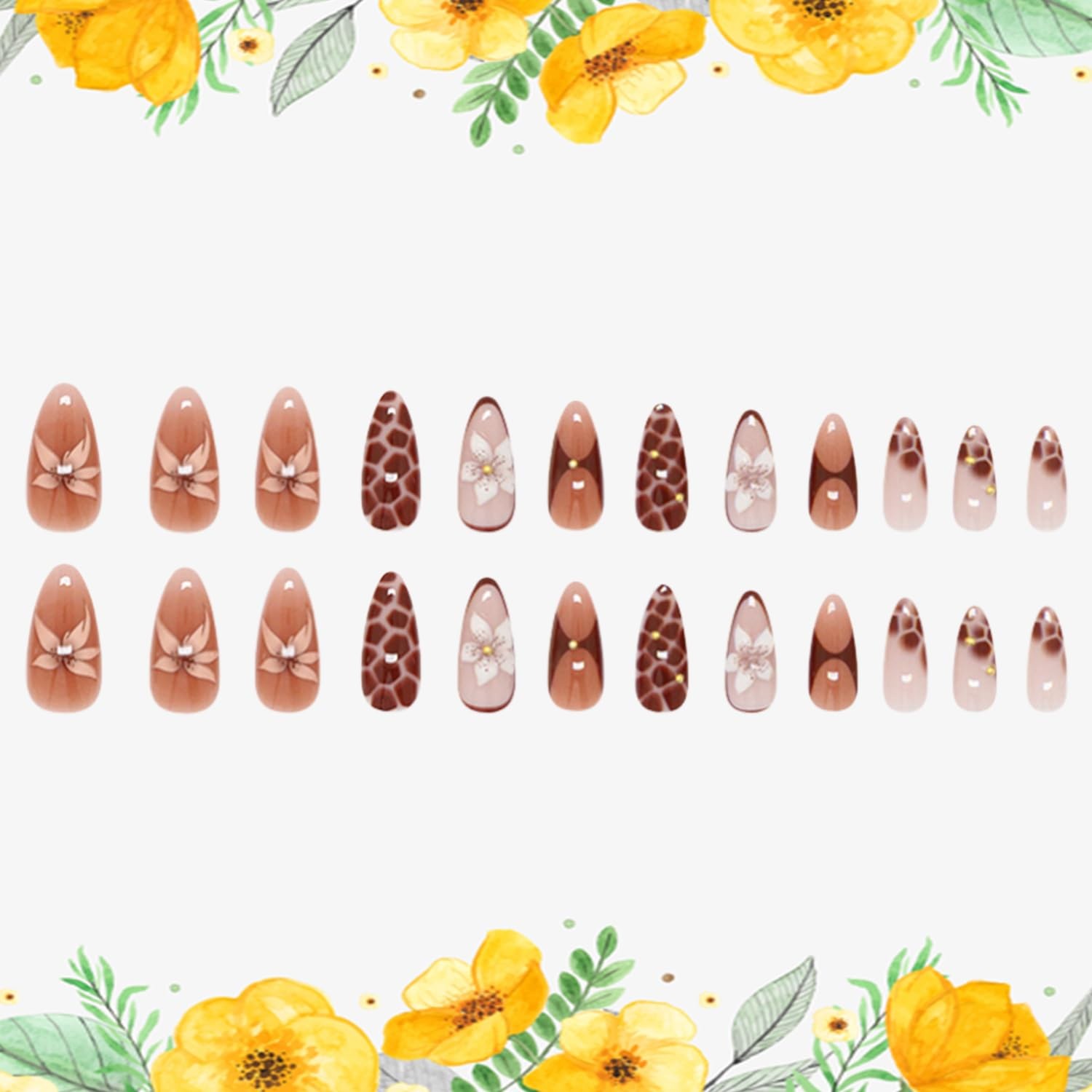 Flower Press on Nails Medium Artificial Almond Acrylic Medium, Multicolor
