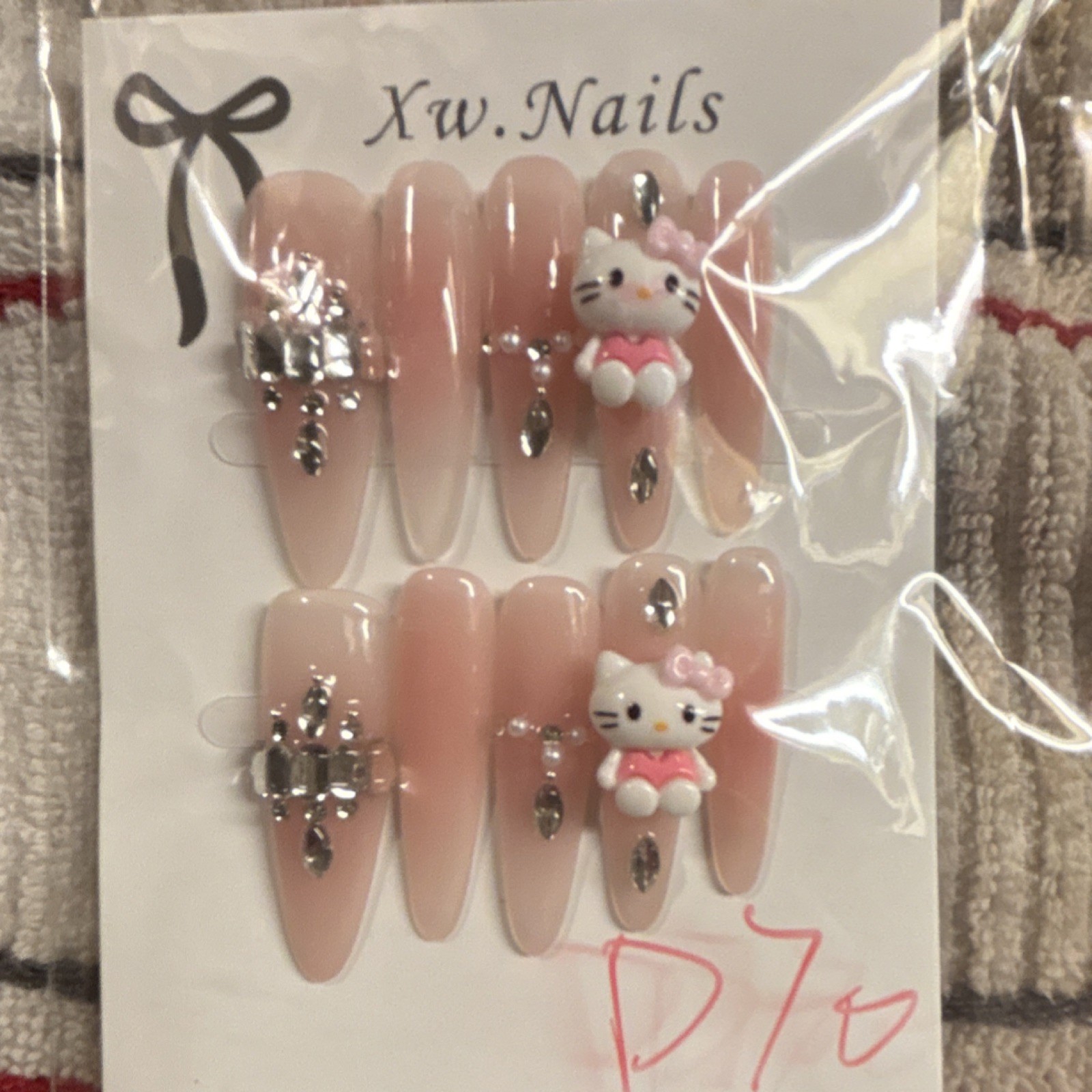 Xw.Nails Pink 3D Shiny Stiletto Cat Theme Press-On Nails Full Cover Set