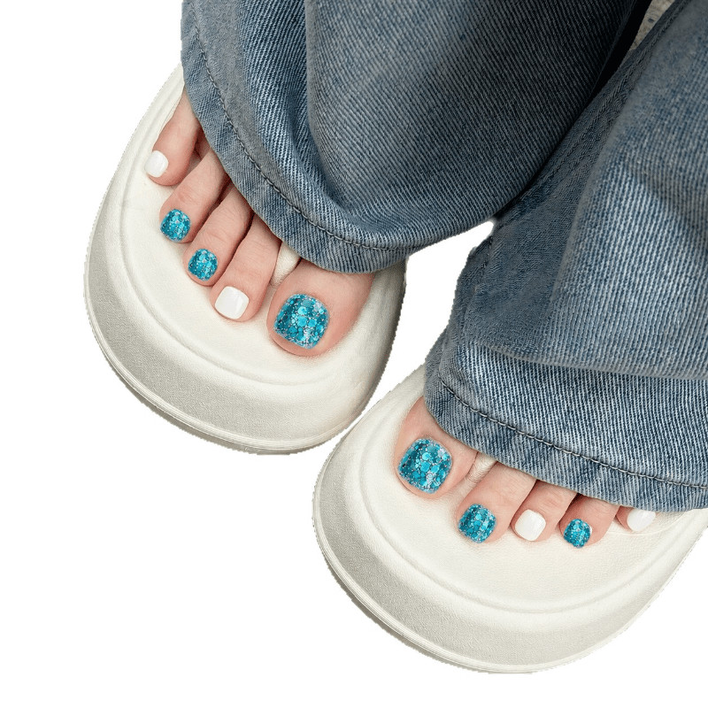 48pcs-Blue White Press on Toenails Glitter Solid Color Summer Beach Wear Set