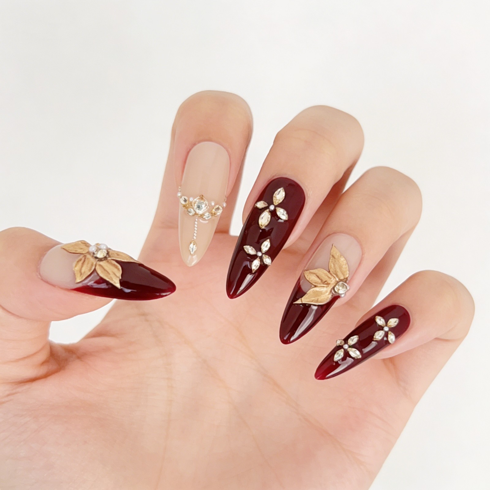 Vintage Gold Maple Leaf Red Press-On Nails with Pearls & Rhinestones Long Almond
