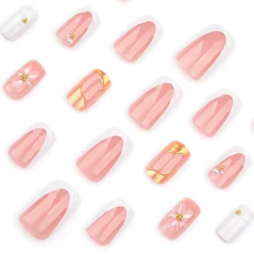 Square Press on Nails Medium Short Fake Nails White 1 Fl Oz (Pack of 1) Gold