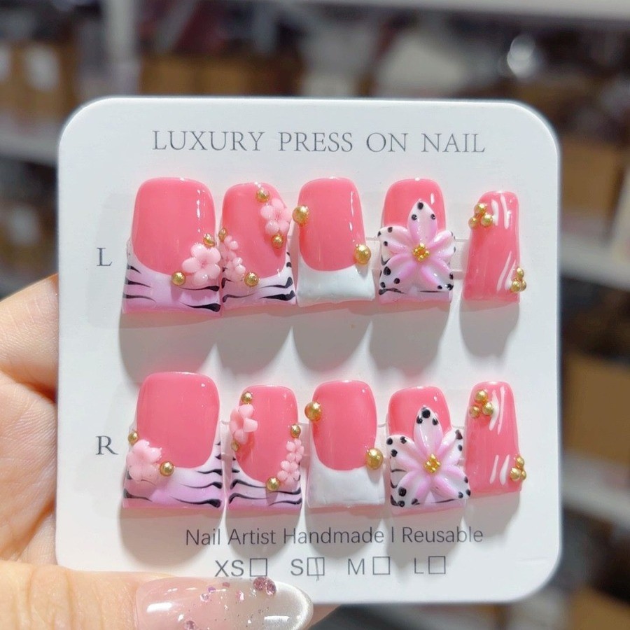 48Pcs 3D Rhinestone Pearl Press On Nails Almond Coffin Removable For Date