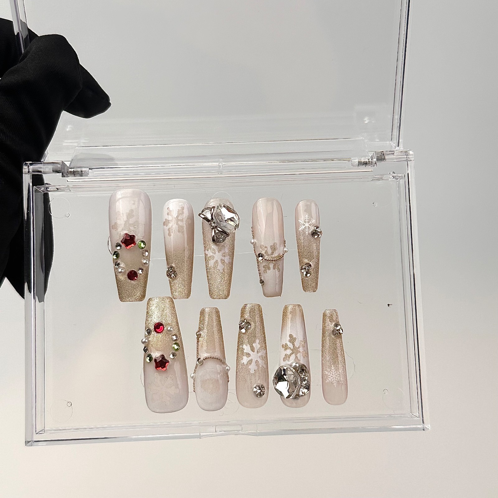 Christmas Glitter Press On Nails Long Coffin Gold Snowflake Rhinestone Set