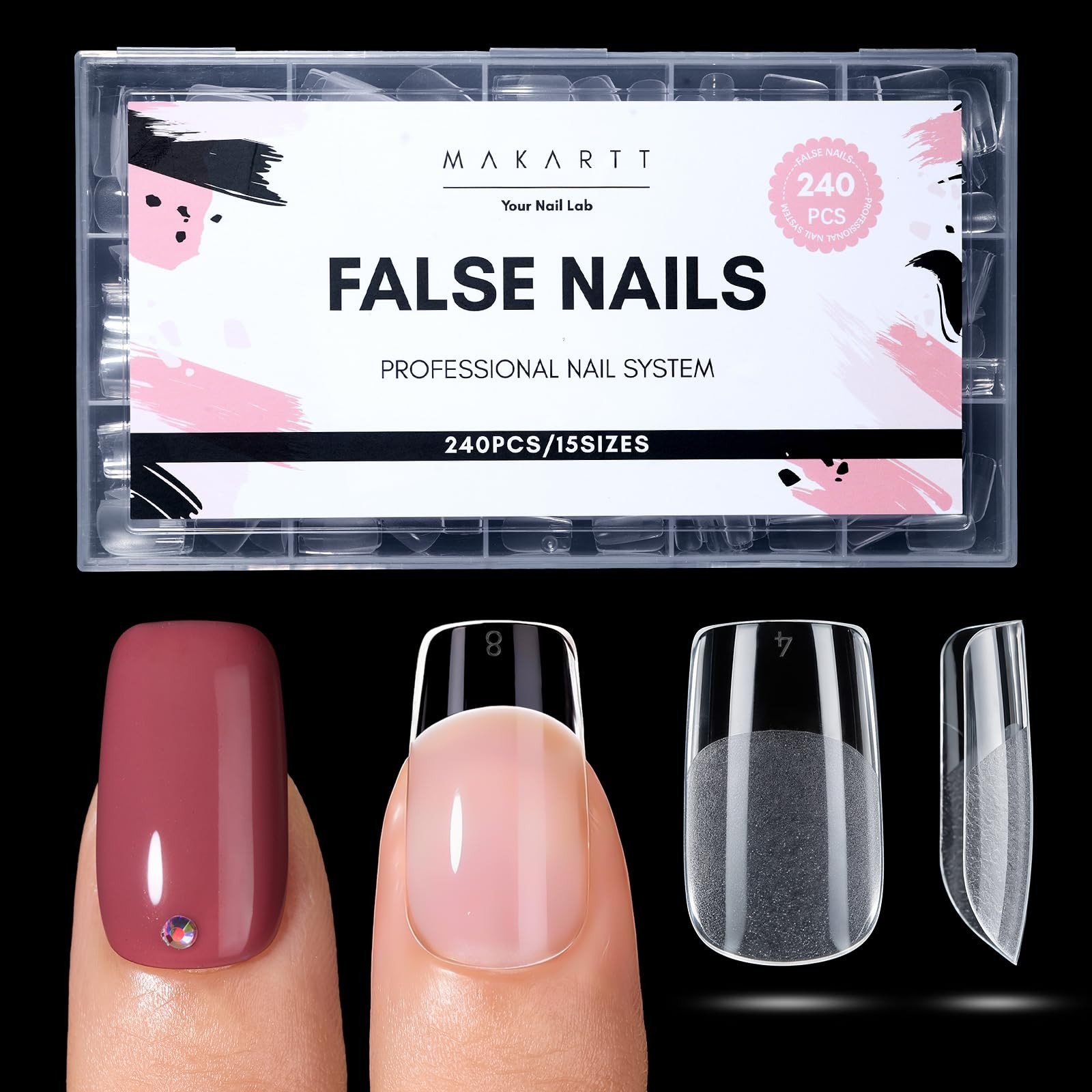 Makartt Short Square Nail Tips: 240PCS, 15 Sizes, Pre Shaped Short, Clear